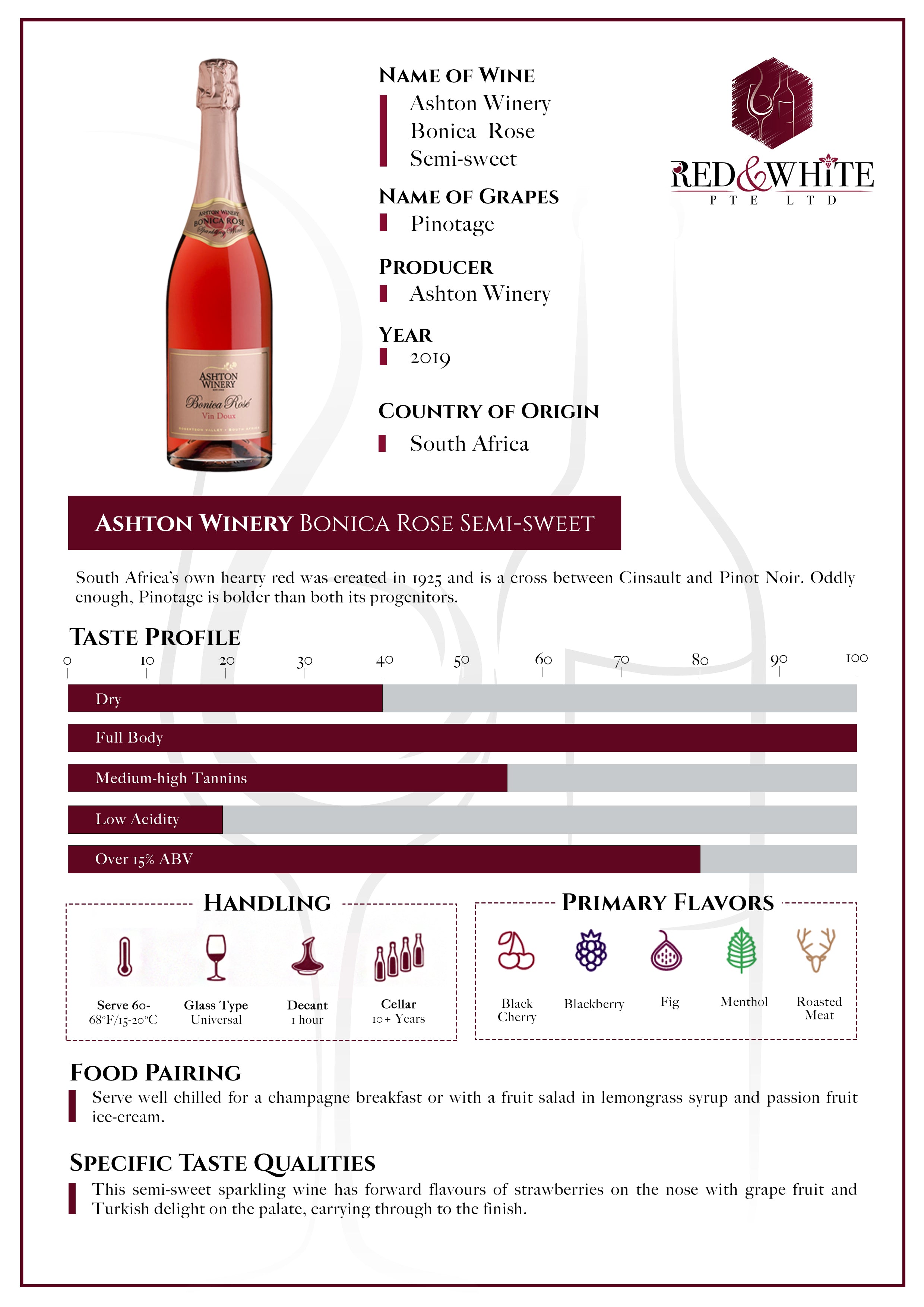 Ashton Winery Bonica Rose Semi-Sweet 2019